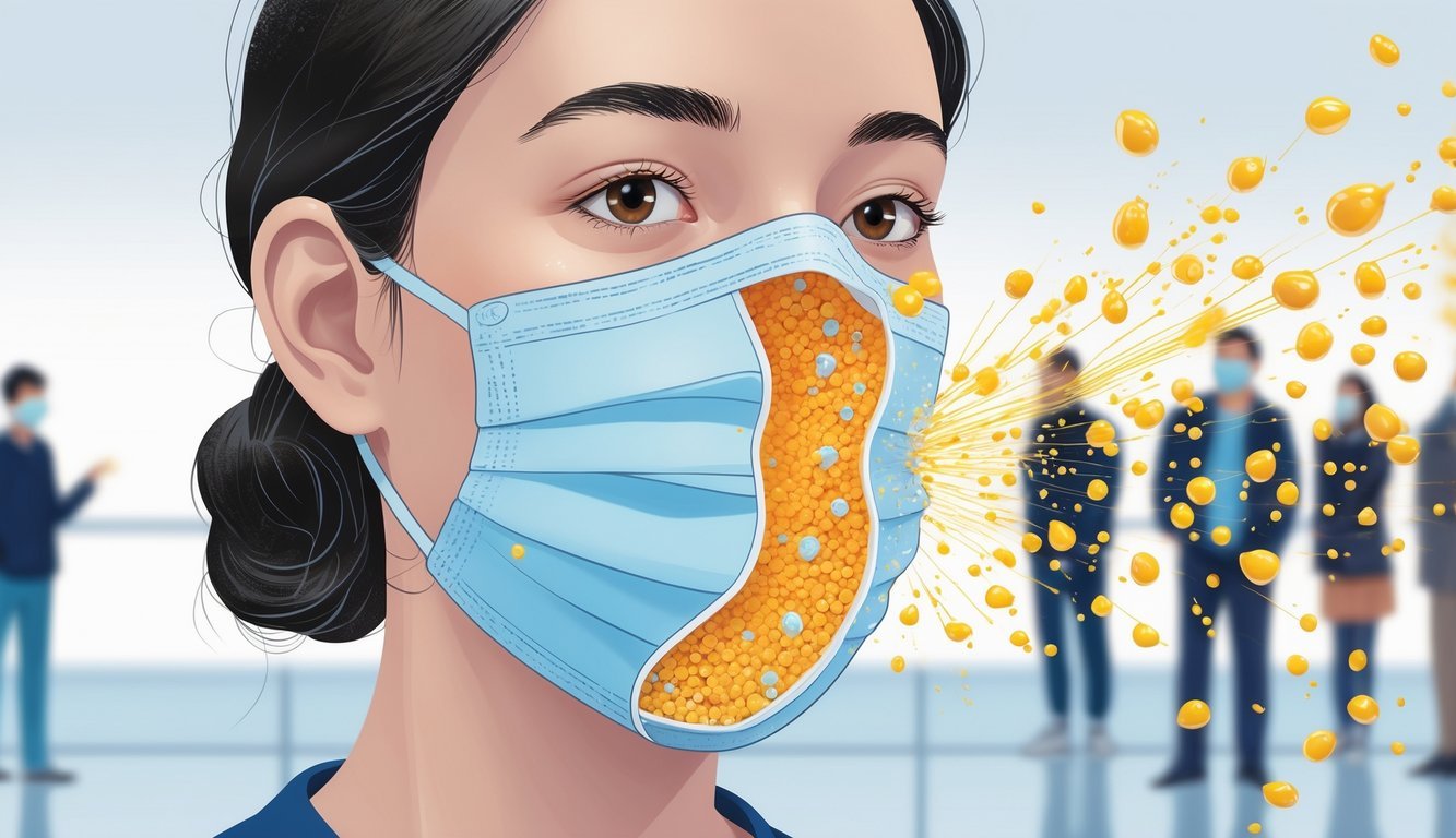 Close-up view of a person wearing an antiviral face mask that sanitizes exhaled droplets, protecting nearby people who stand safely at a distance.