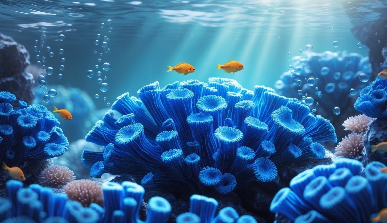 Underwater scene featuring vibrant blue coral surrounded by small tropical fish and bubbles.