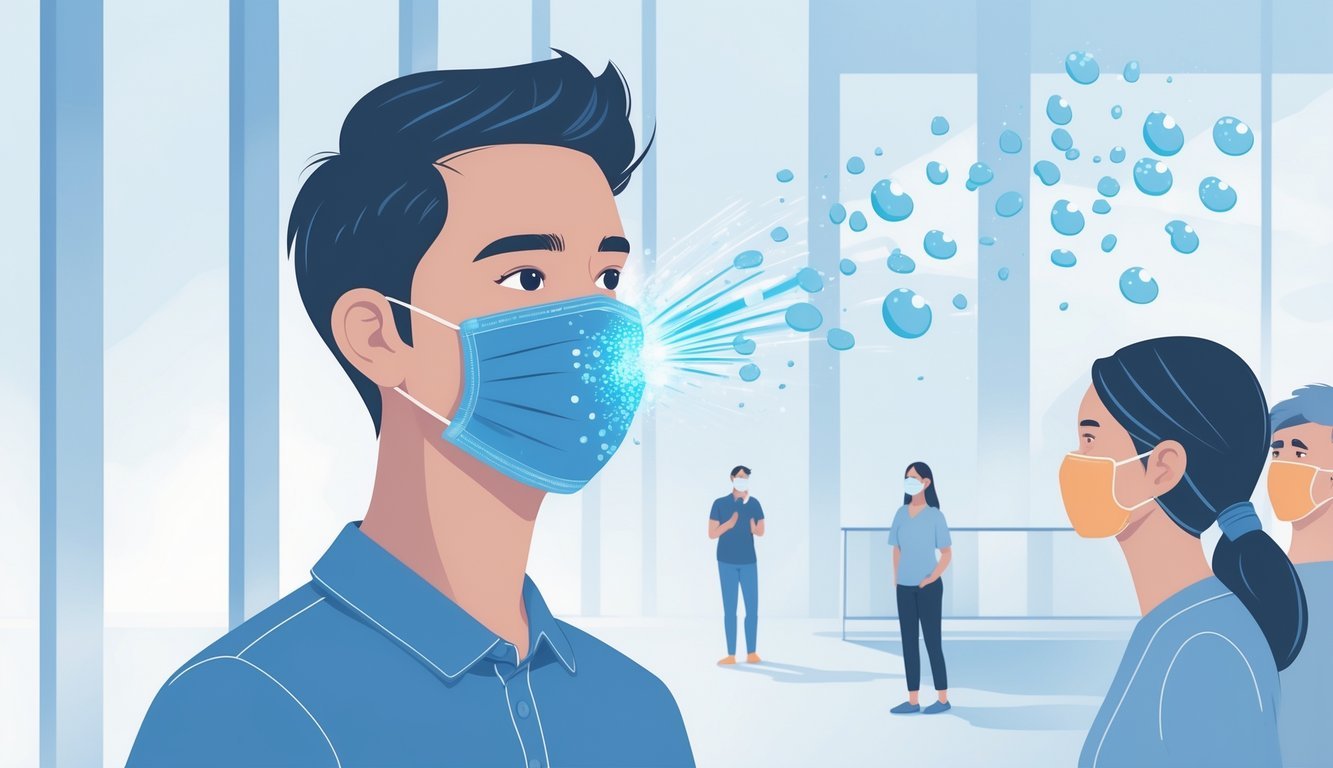 A person wearing an antiviral face mask that sanitizes exhaled droplets, protecting nearby people in an outdoor setting.