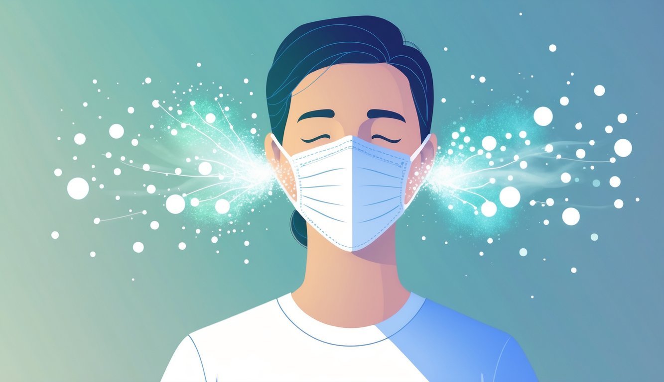 A person wearing an antiviral face mask that sanitizes exhaled droplets to protect nearby people.