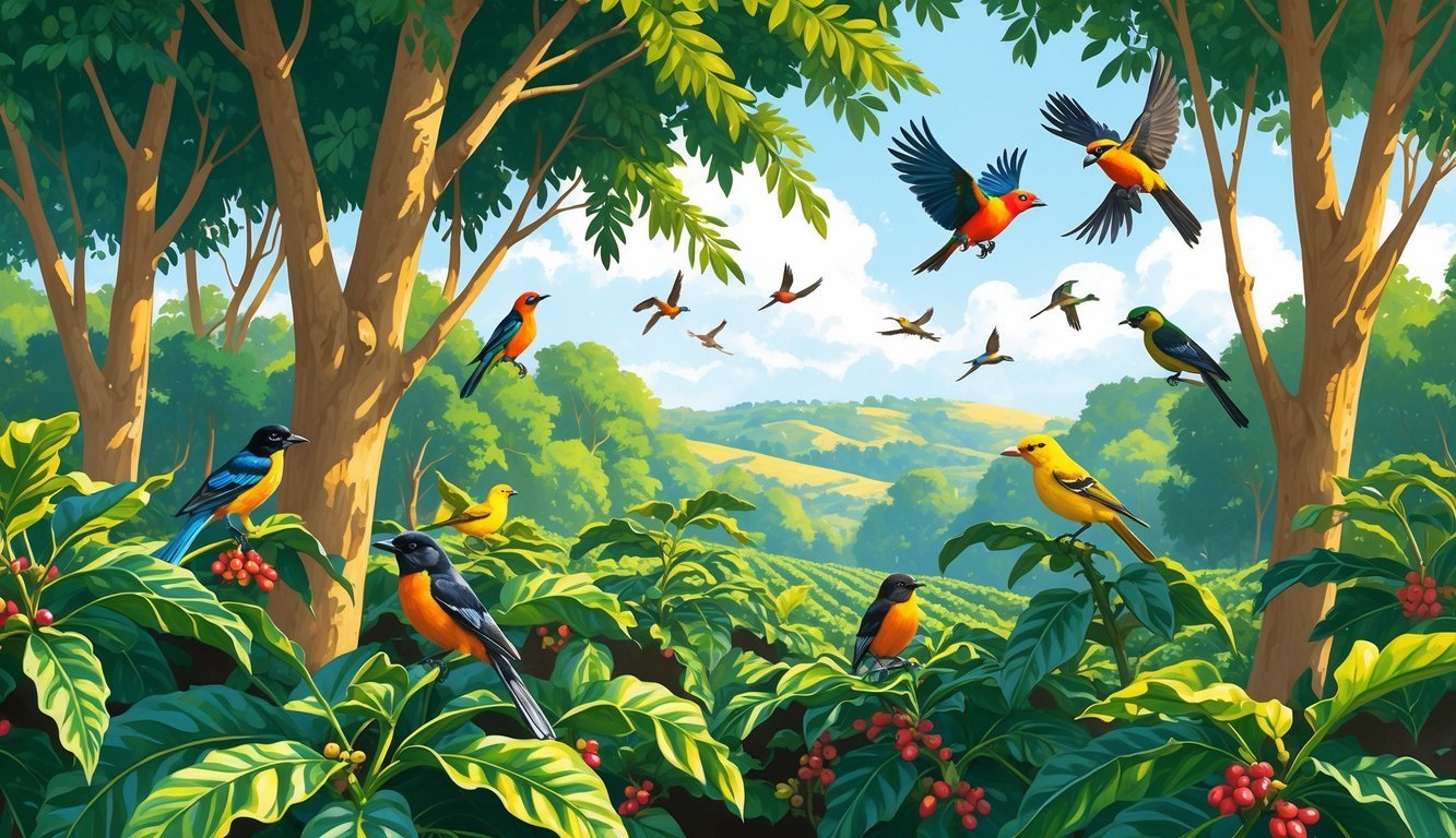 A coffee plantation with tall shade trees and coffee plants, where various colorful birds are perched and flying among the trees.
