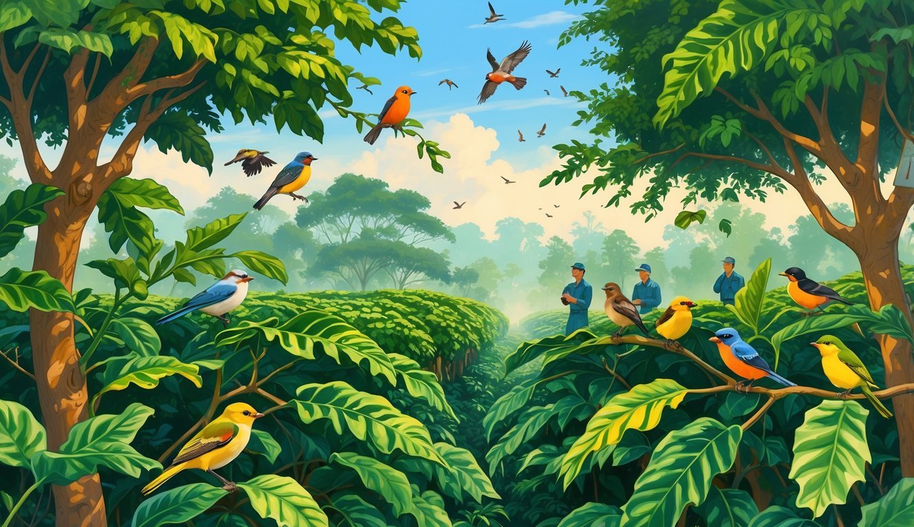 A coffee plantation with shade trees and birds among the branches, with researchers observing the environment in the background.