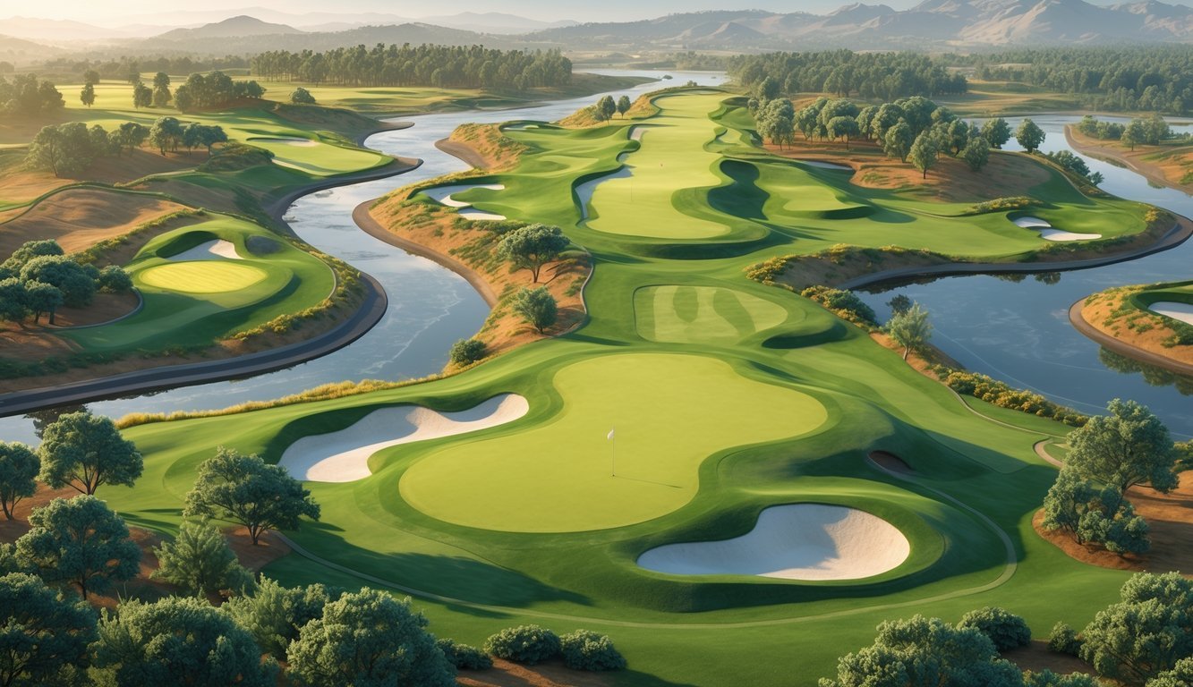 An elevated view of a golf course showing fairways, sand bunkers, water hazards, putting greens, trees, and pathways arranged thoughtfully within a natural landscape.