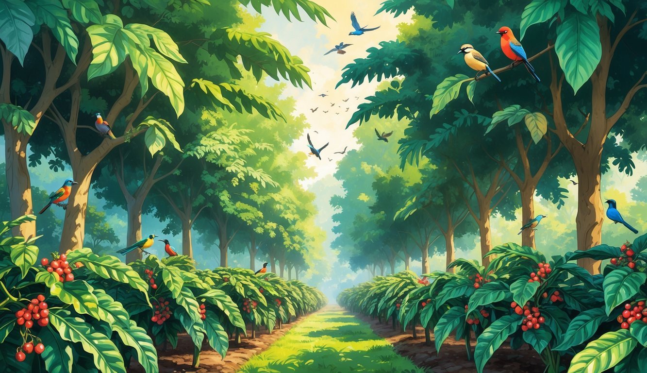 A shaded coffee plantation with trees and coffee plants surrounded by colorful birds in a natural environment.