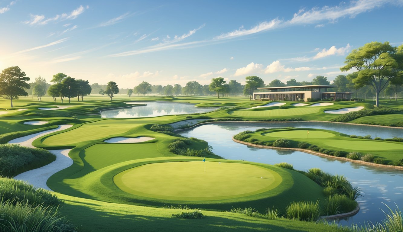 A golf course with green fairways, sand bunkers, water hazards, native plants, and a clubhouse in the background under a clear sky.