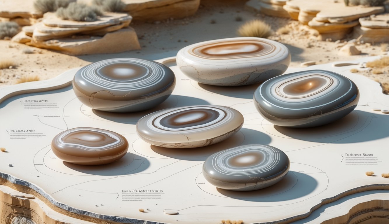Close-up view of polished Botswana agate stones with banded patterns, set against a natural rocky background.