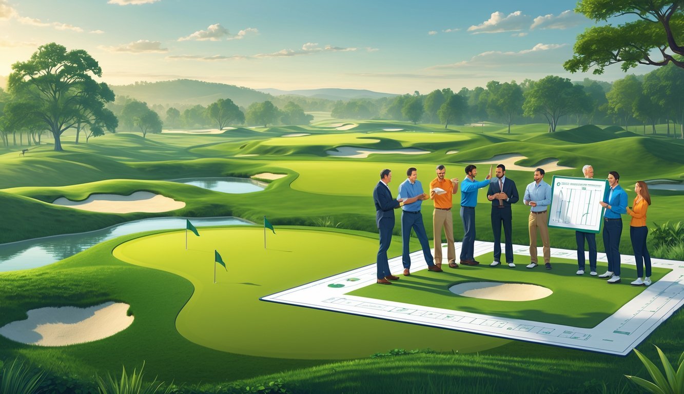 A group of golf course designers examining a detailed golf course plan outdoors with green fairways, sand traps, and water features in the background.