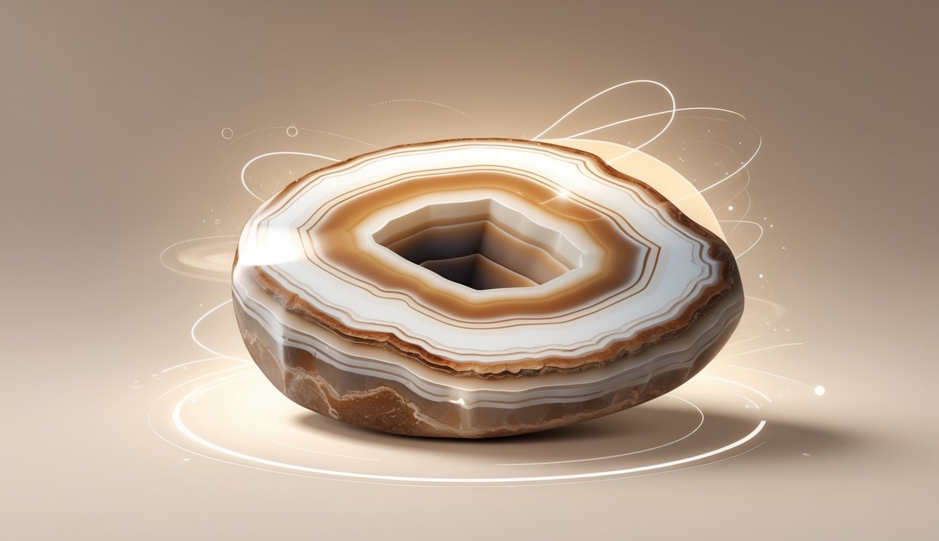 A polished cross-section of Botswana Agate with layered bands in earthy colors, surrounded by soft glowing light and subtle energy waves.