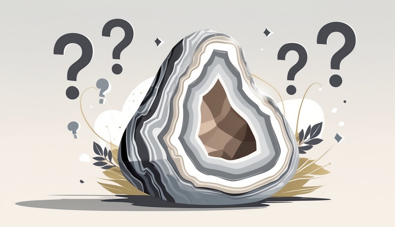 A detailed image of a Botswana agate gemstone with smooth banded patterns, surrounded by abstract question mark shapes on a neutral background.