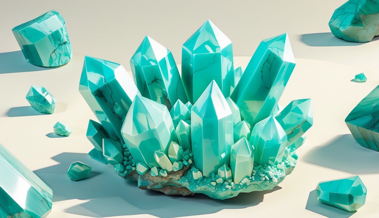 A cluster of turquoise-green amazonite crystals with smooth, polished surfaces on a soft neutral background.