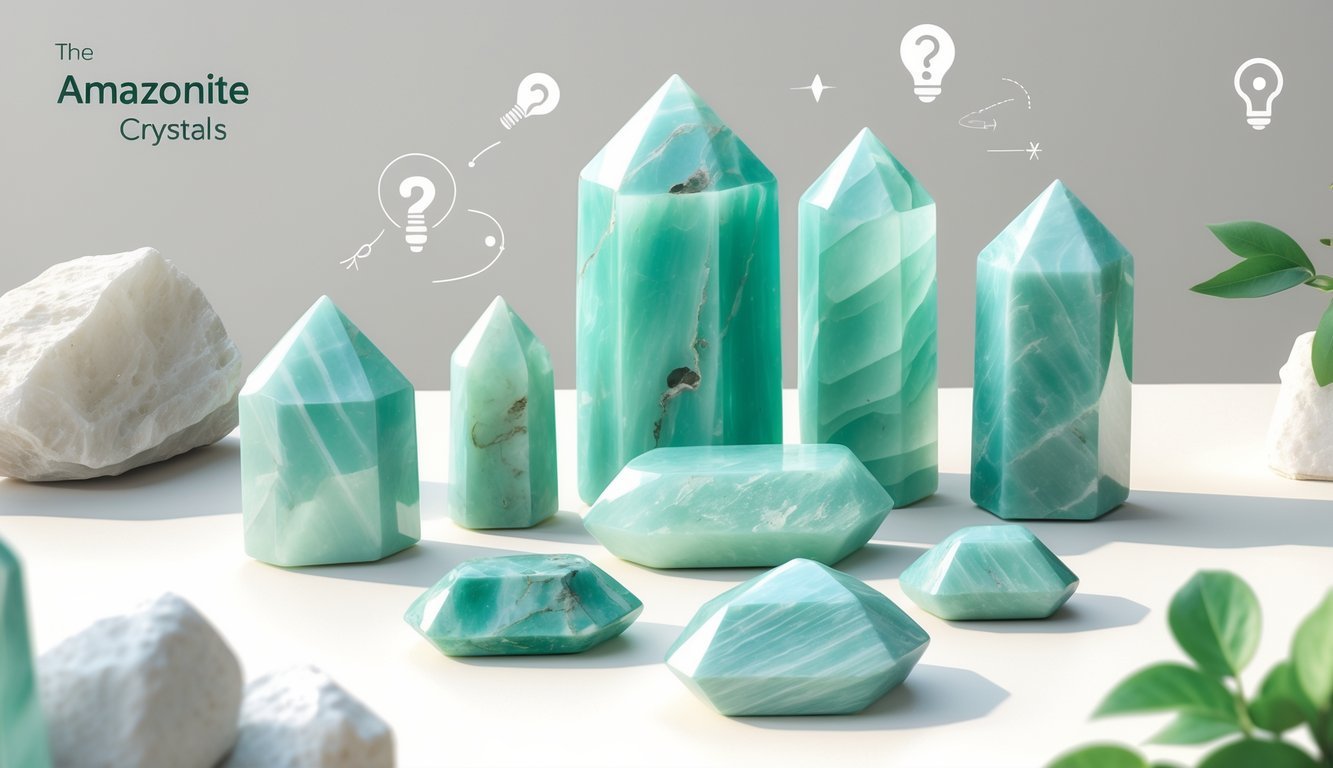A collection of amazonite crystals in various shapes and sizes displayed on a white surface with small icons symbolizing questions and answers around them.