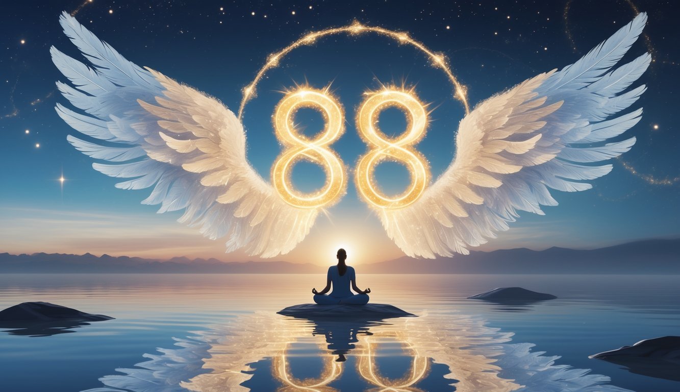 A glowing number 828 made of golden and blue light floats above calm water at dawn, surrounded by angelic wings and a meditating figure beneath a peaceful sky.