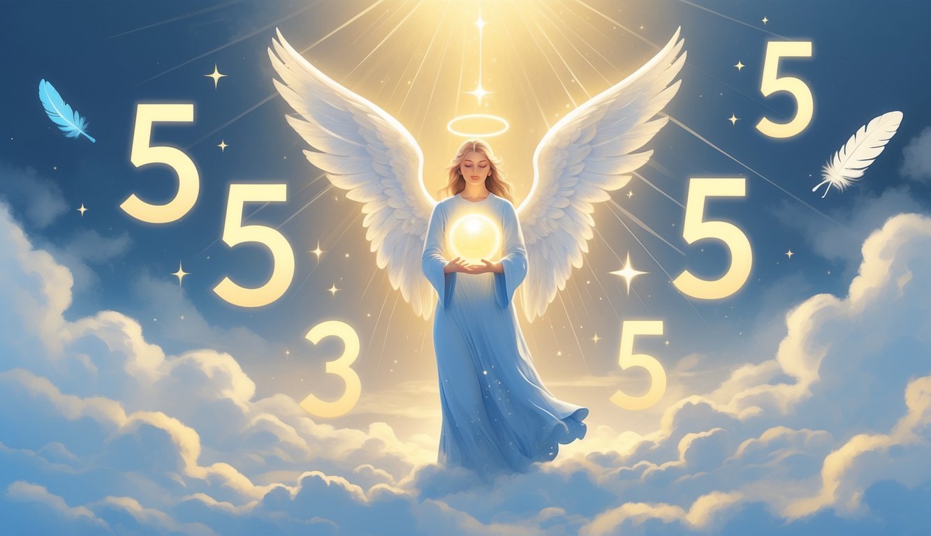 An angelic figure surrounded by glowing numbers 5, 3, and 5 with floating feathers and stars in a peaceful celestial setting.