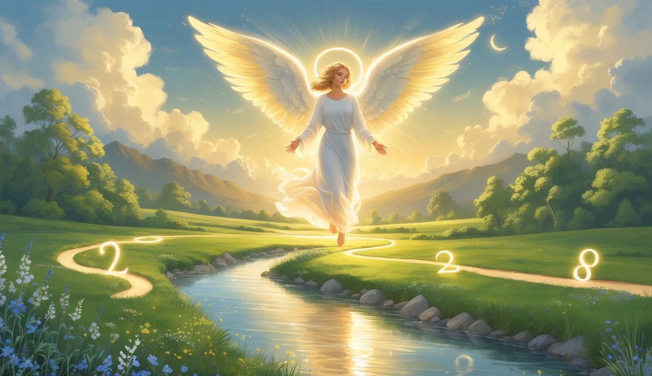 An angel glowing softly above a winding path through a green landscape at sunrise, symbolizing personal growth and spiritual guidance.