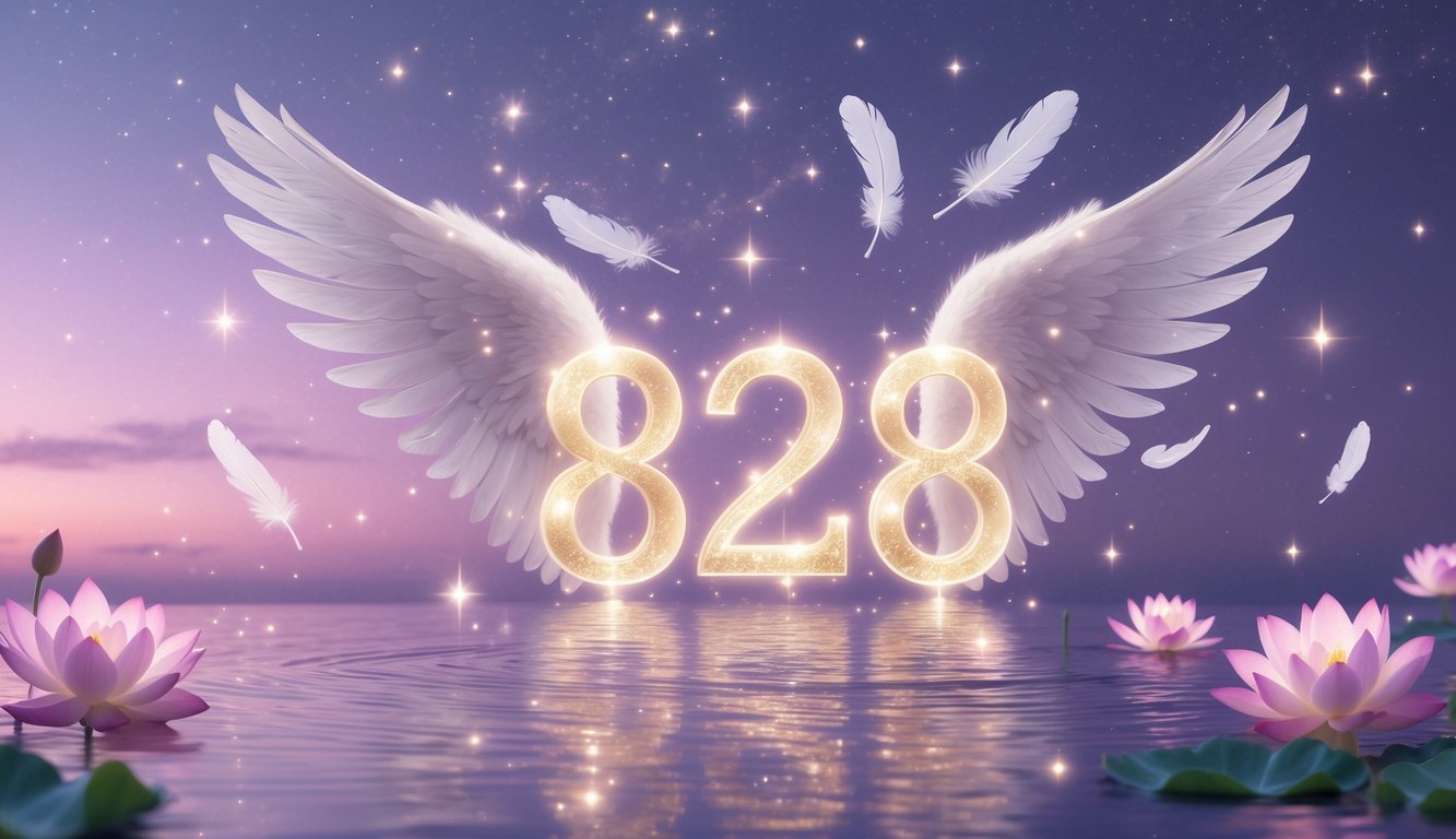 Glowing angel number 828 surrounded by angel wings, light orbs, feathers, lotus flowers, and a calm sky transitioning from twilight to dawn.