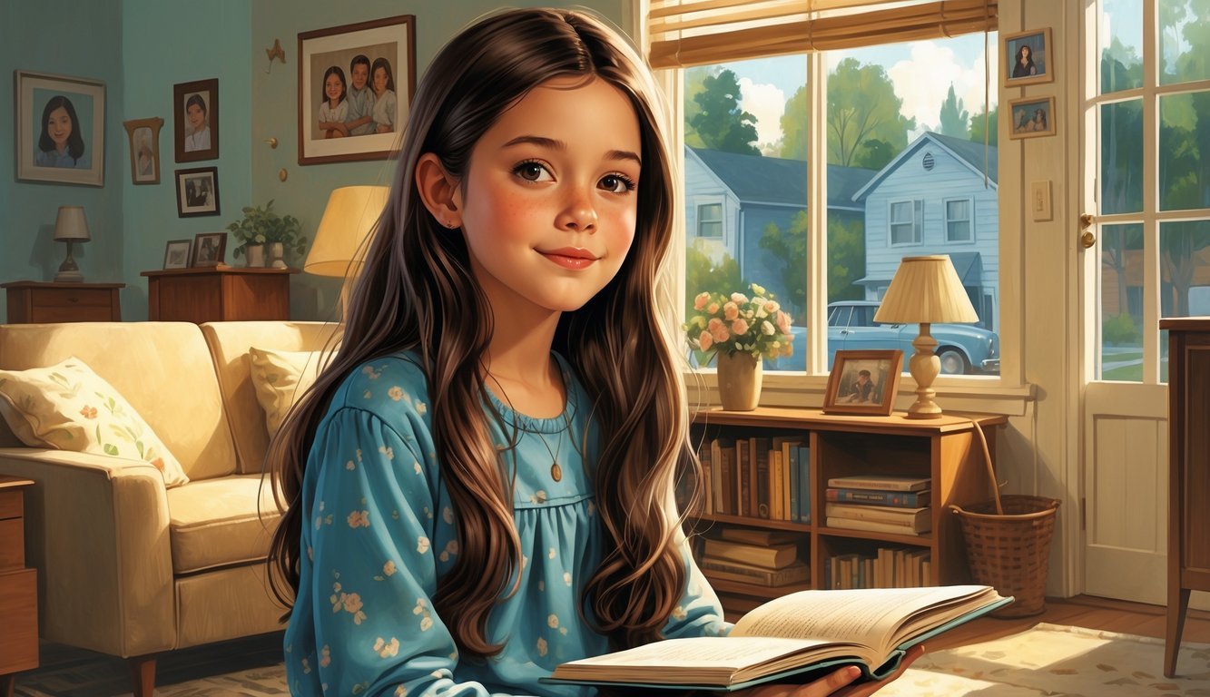 A young girl sitting in a cozy living room with vintage furniture and family photos, holding a book and looking thoughtful.
