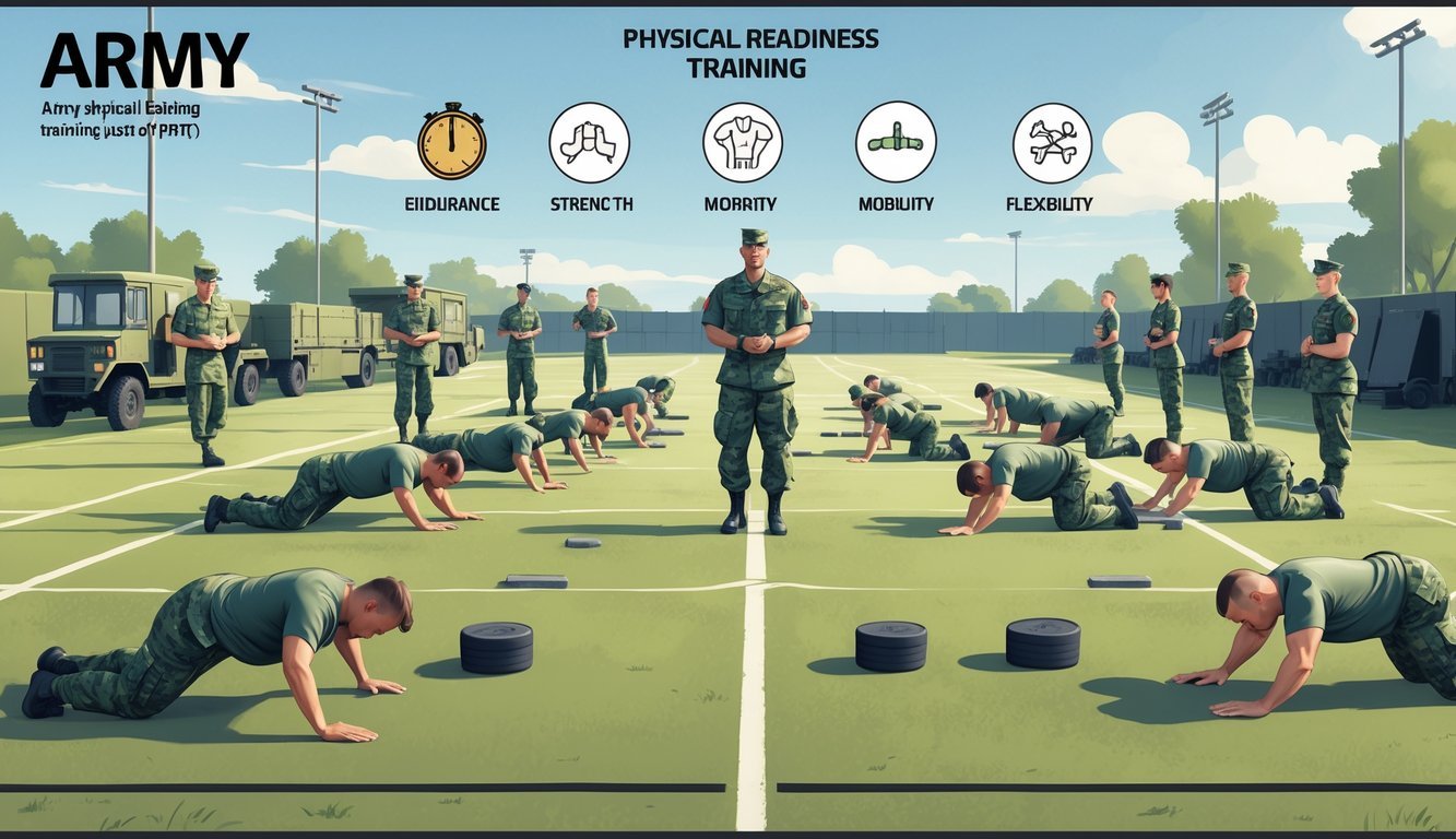 Soldiers in uniform performing various physical training exercises on a military field while a commanding officer observes and guides them.