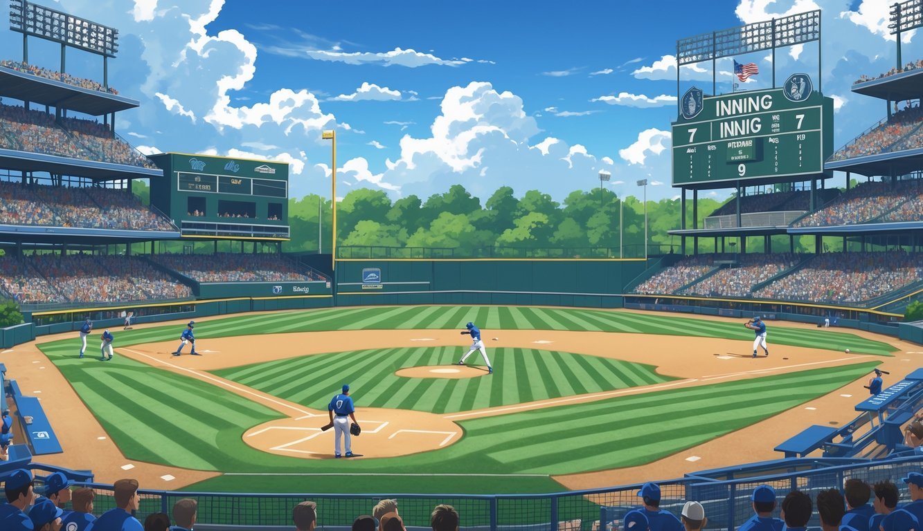 A baseball game in progress showing players on the field and a scoreboard indicating the seventh inning.