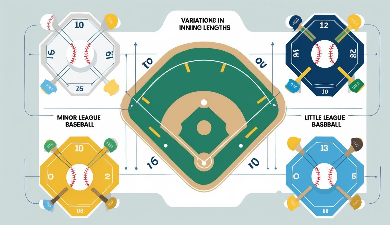 Illustration showing four baseball fields representing different levels of play, each highlighting the number of innings played at that level.