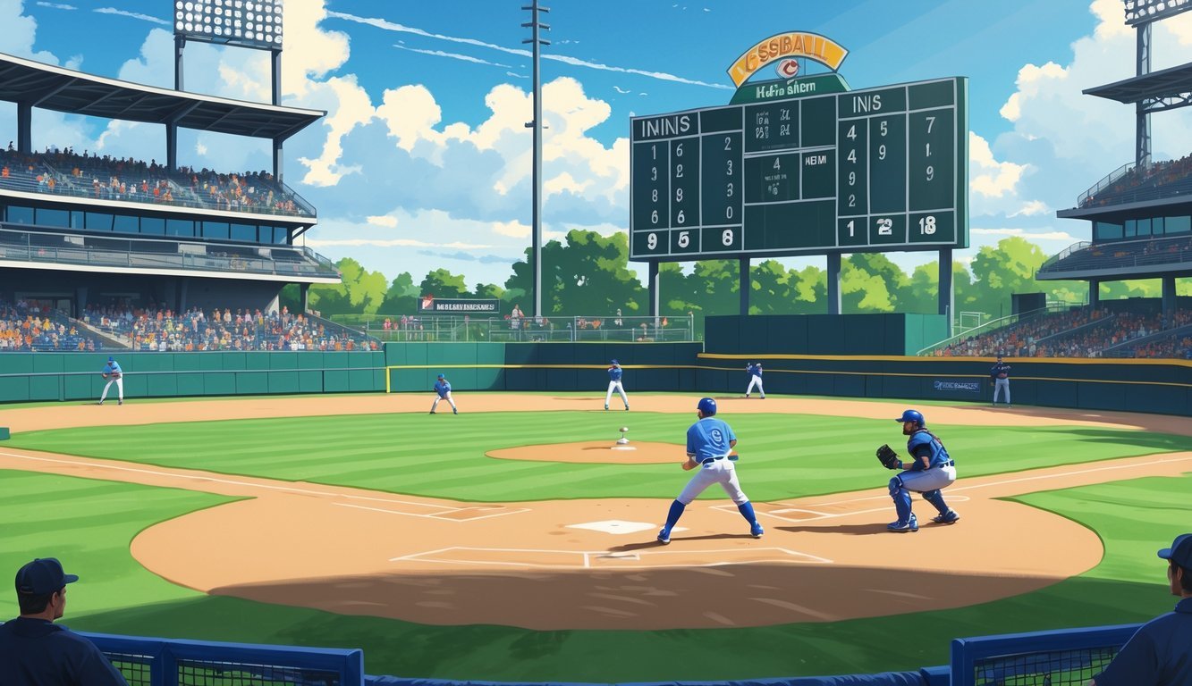A baseball game in progress with a pitcher throwing, a batter ready to hit, an umpire behind the catcher, and a scoreboard showing nine innings.