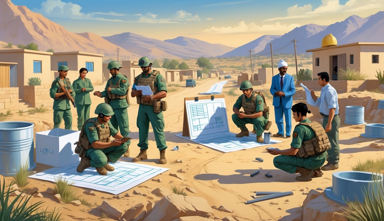 A group of military and civilian team members working together near a rural village with construction and community activities in progress.