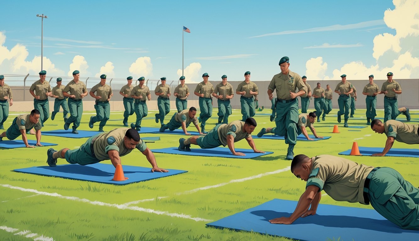 A group of soldiers in uniform performing physical training exercises outdoors under the supervision of a commanding officer.