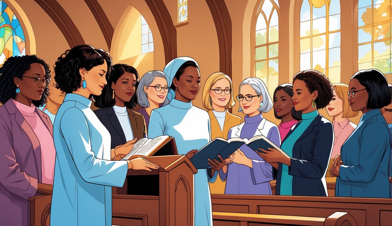 Women of different backgrounds leading a church service inside a warmly lit church with stained glass windows.