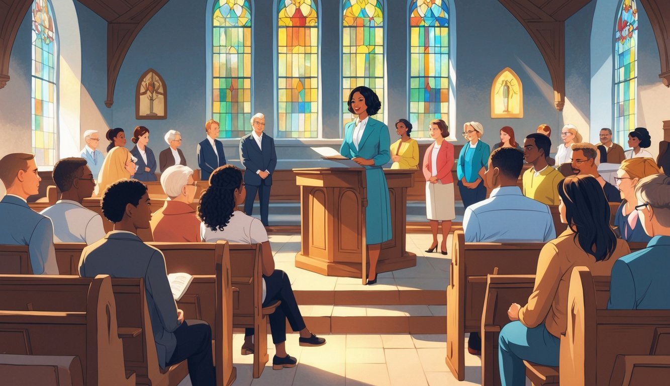 A woman pastor speaking at the pulpit in a church with a diverse congregation listening attentively.