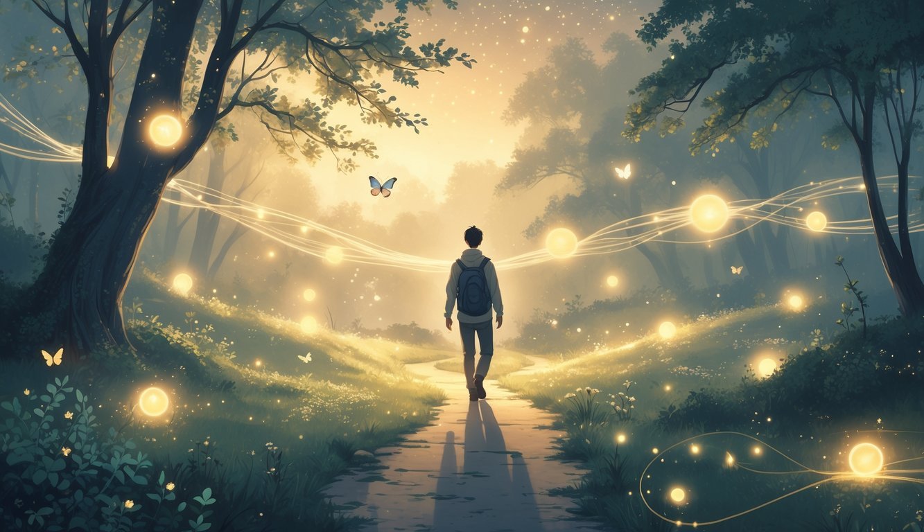 A person walking on a glowing forest path surrounded by trees, glowing orbs, and stars connected by light threads, symbolizing a spiritual journey.