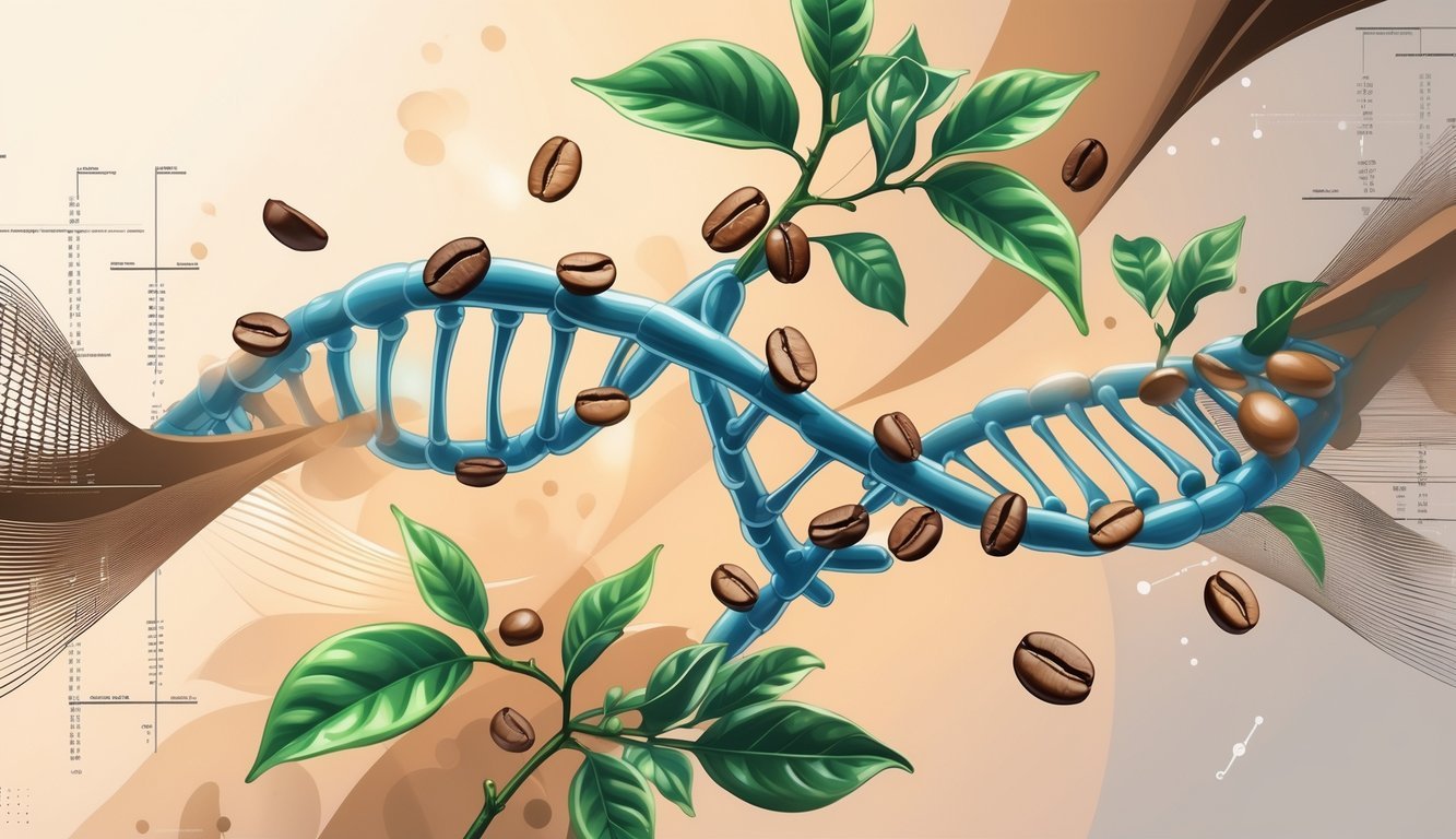 An illustration showing a DNA double helix intertwined with coffee beans and leaves, symbolizing the genetic influence on coffee consumption.