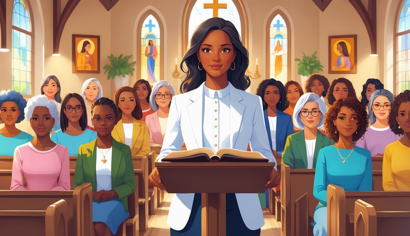 A woman standing at a pulpit in a church, leading a diverse congregation seated in pews.