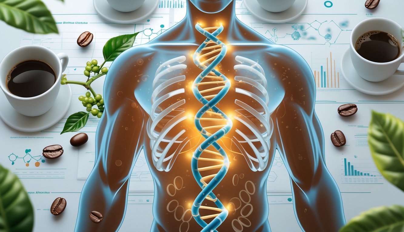 A human figure with visible DNA inside the chest surrounded by coffee cups and coffee beans, representing the connection between genetics and coffee drinking.
