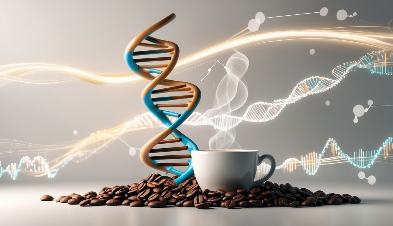 An illustration showing a DNA double helix intertwined with coffee beans and a steaming coffee cup, symbolizing the link between genetics and coffee consumption.
