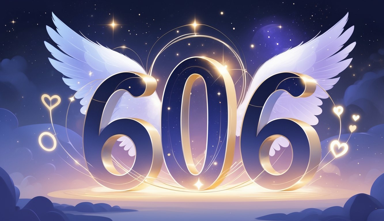 A glowing illustration of the numbers 6, 0, and 6 intertwined with angel wings, a heart, and geometric shapes against a starry, peaceful background.