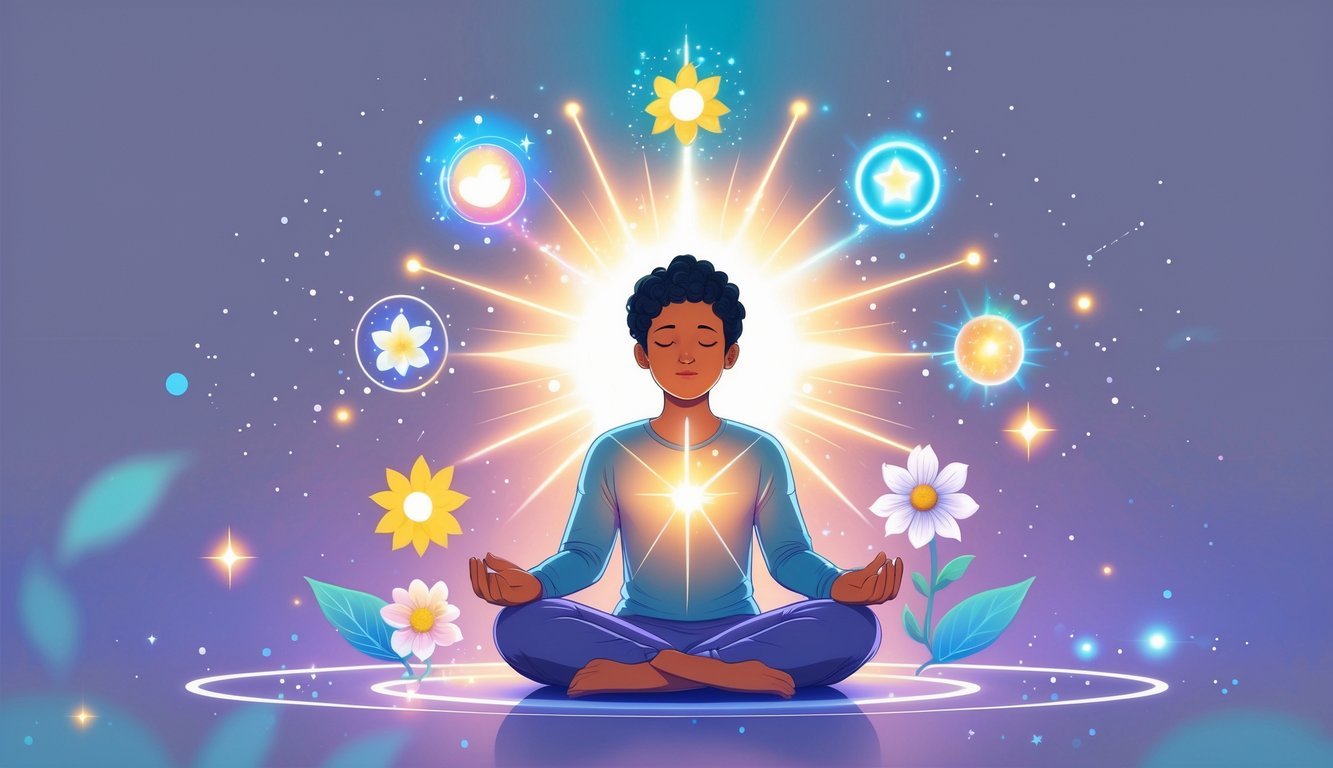 A person sitting cross-legged with eyes closed, surrounded by glowing symbols and light beams connecting to images of a flower, star, and sun, symbolizing growth and realization.