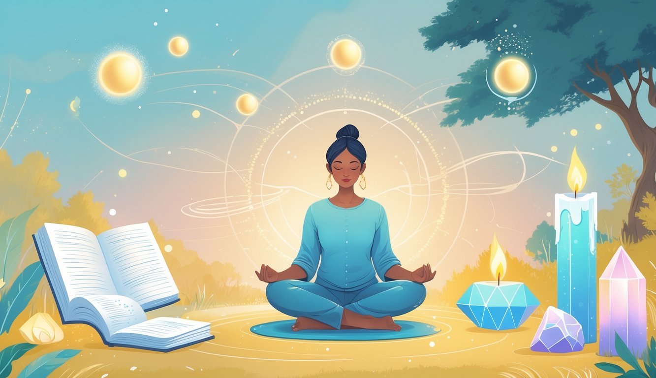 A person sitting cross-legged outdoors surrounded by glowing orbs, crystals, a candle, and abstract shapes representing different manifestation practices.