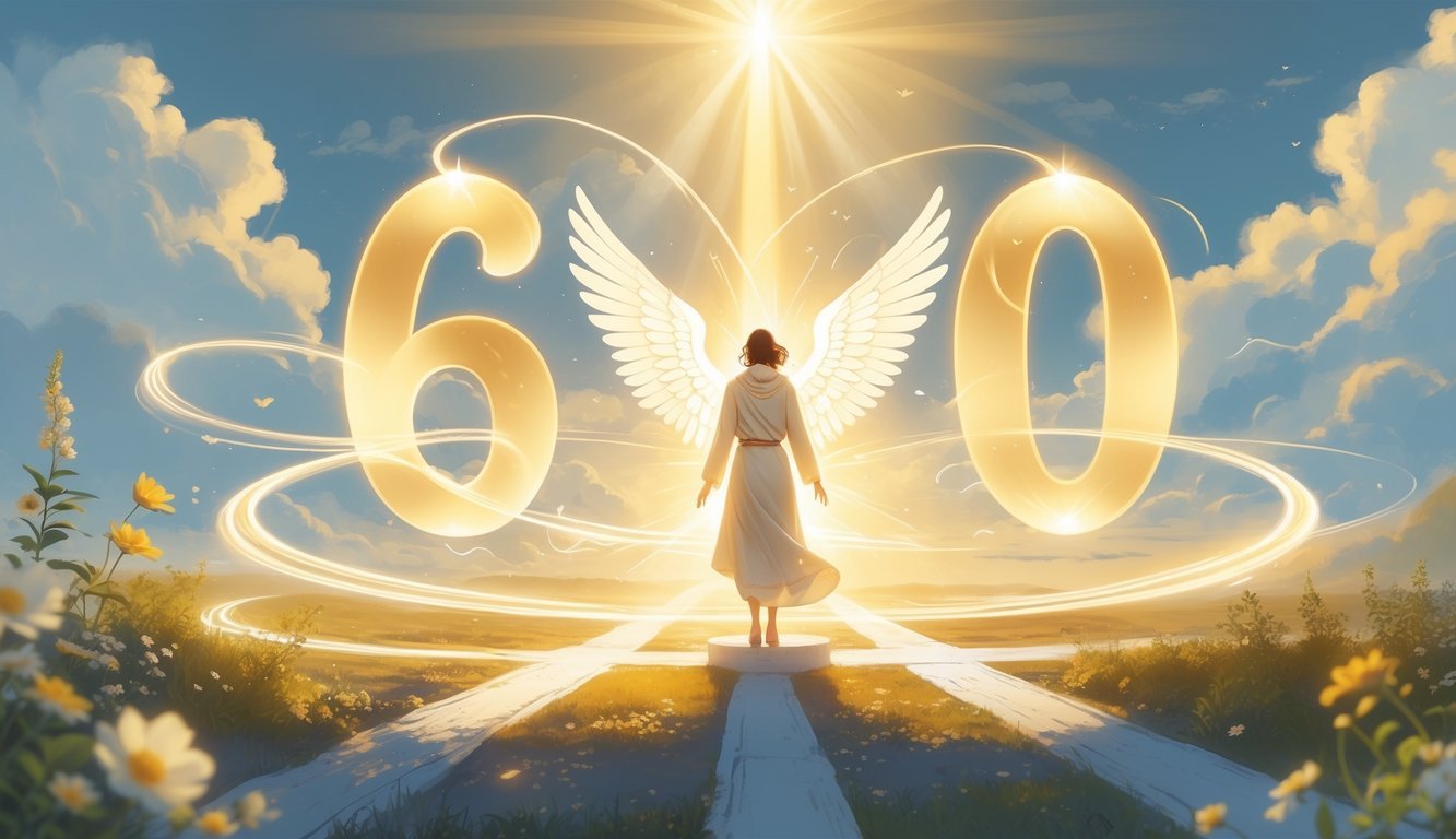 A radiant figure standing at a crossroads surrounded by glowing numbers and natural elements symbolizing guidance, balance, and new opportunities.