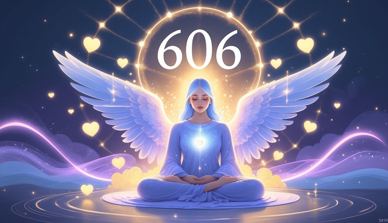 A glowing figure surrounded by soft light and abstract cosmic patterns, with symbols of balance, love, and harmony integrated into the scene.