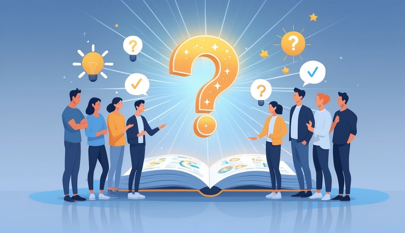 A group of people gathered around a glowing question mark above an open book, surrounded by symbols representing questions and manifestation.