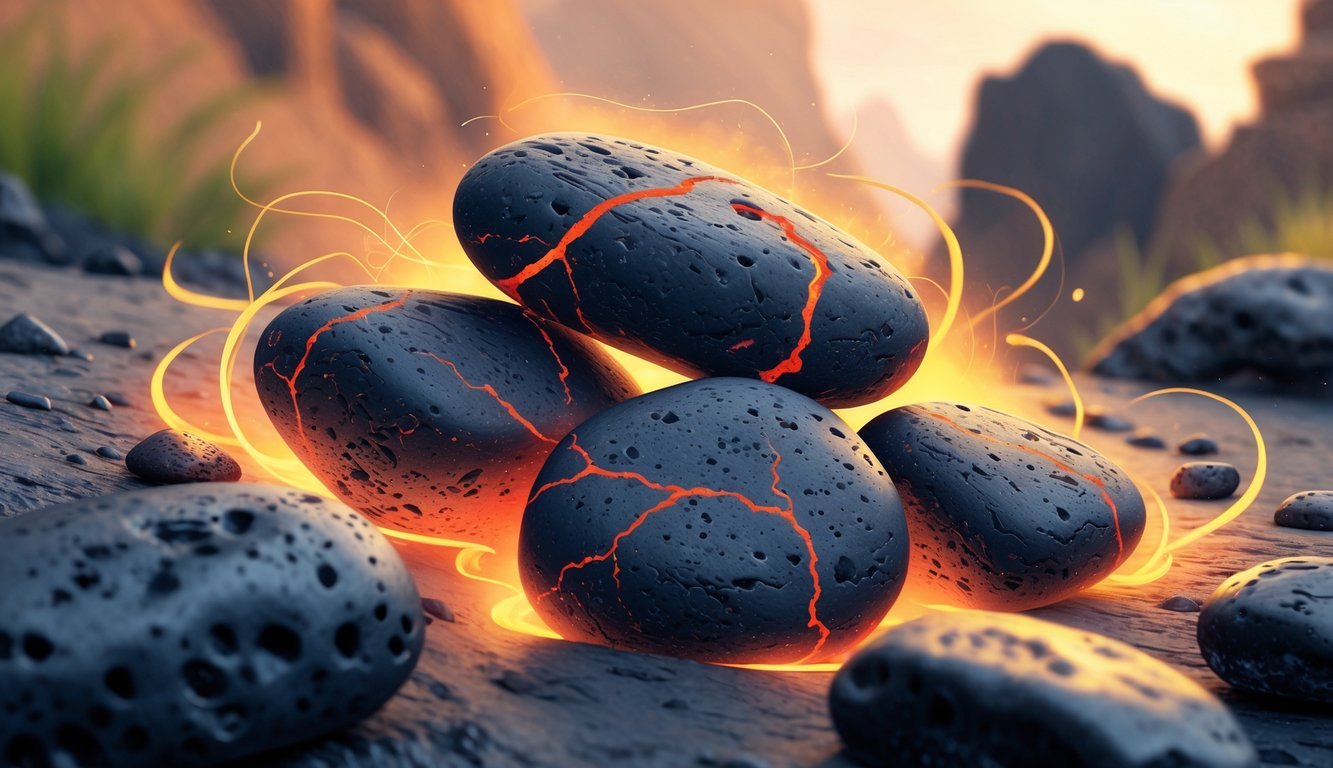 Close-up of dark lava stones with glowing veins surrounded by soft glowing light in a natural volcanic landscape.