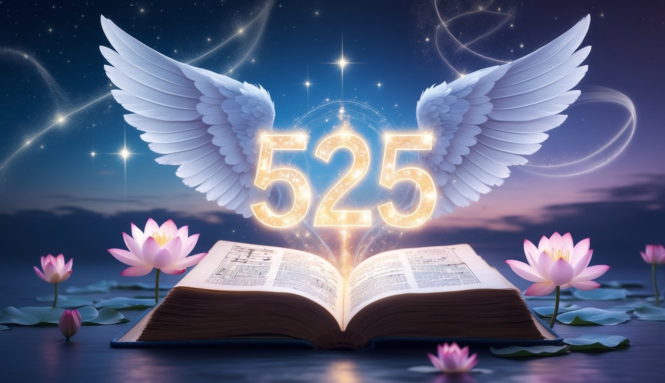 A glowing number 525 above an open ancient book surrounded by angel wings, lotus flowers, and a starry twilight sky symbolizing spiritual growth and guidance.
