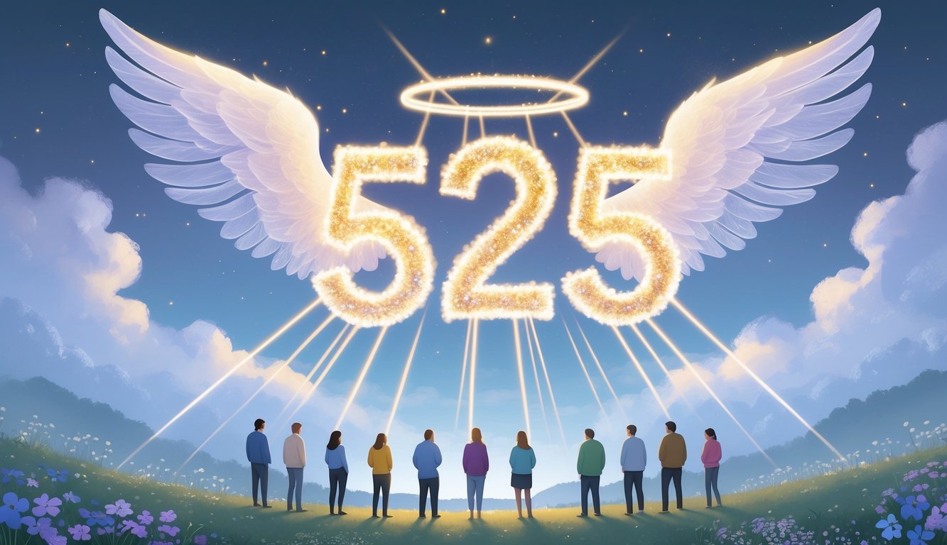 A glowing number 525 with angel wings floating above a peaceful landscape where diverse people stand looking hopeful and inspired.