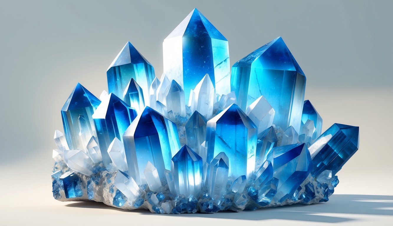 A cluster of blue fluorite crystals with sharp cubic shapes and translucent blue colors on a plain background.