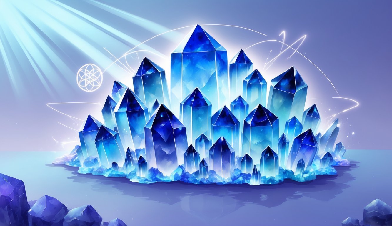 A glowing cluster of blue fluorite crystals surrounded by soft geometric patterns and gentle light waves on a calming blue and purple background.