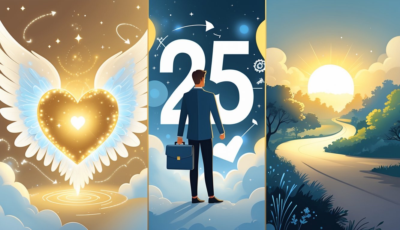 An illustration showing a glowing heart with angel wings, a person with a briefcase surrounded by arrows and gears, and an open path toward a bright sunrise, representing love, career, and life.