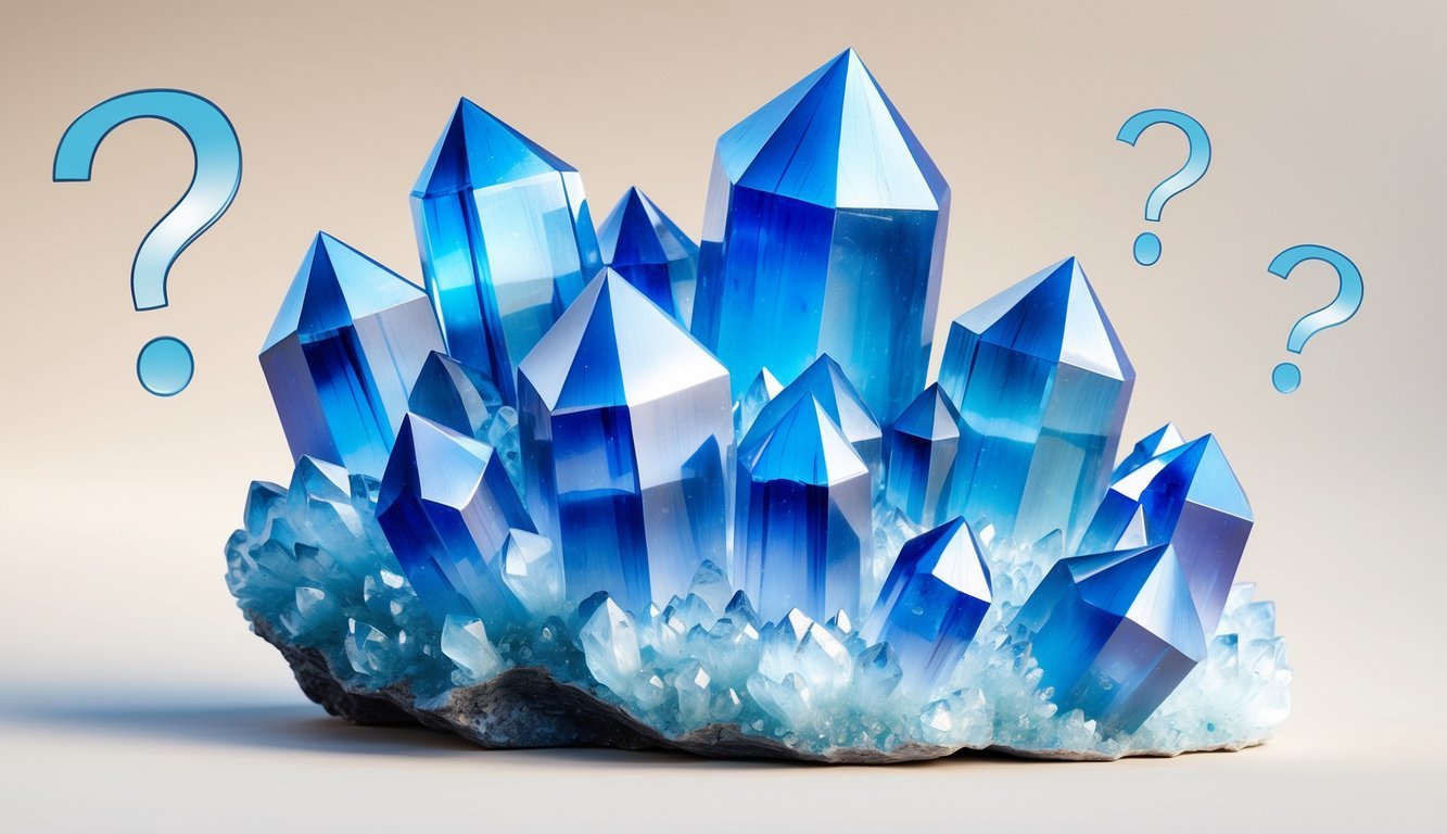 A cluster of blue fluorite crystals with translucent cubic formations on a neutral background, accompanied by subtle question mark shapes.