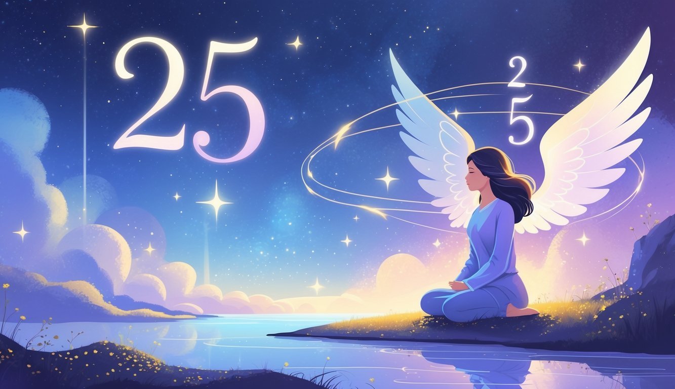 A peaceful scene showing a person meditating surrounded by glowing numbers and soft celestial light, symbolizing spiritual guidance and transformation.