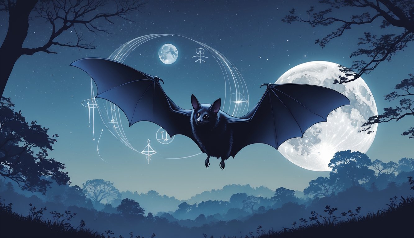 A bat flying at night under a full moon with a forest silhouette in the background.