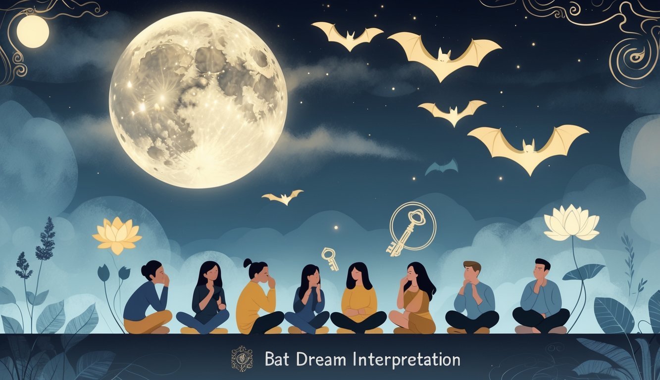 A nighttime scene with bats flying in front of a full moon, surrounded by people reflecting thoughtfully, with symbolic elements like a key and lotus flower representing dream meanings.