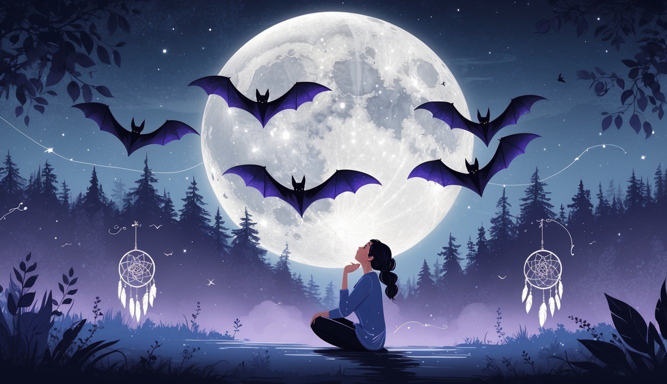 A person looking up at bats flying under a full moon in a calm forest at night, surrounded by dreamlike symbols.